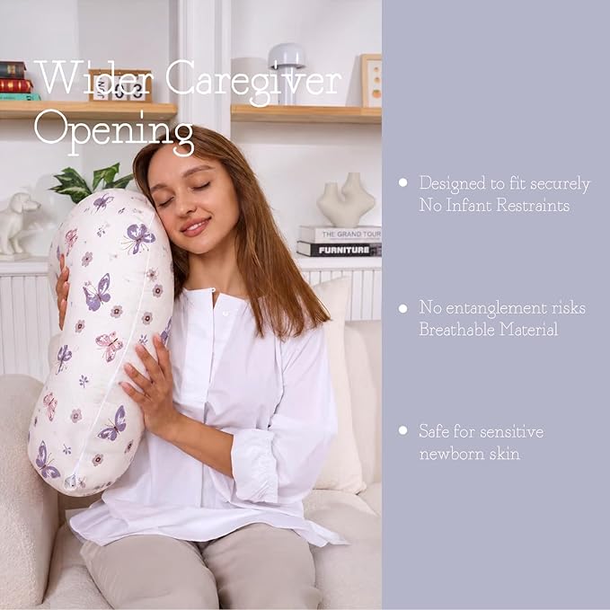 Little Grape Land Muslin Nursing Pillow, Soft 100% Cotton Breastfeeding Pillow with Breathable Removable Cover, Purple Butterfly Breast Feeding Pillows for Babies 0-12 Months with Protective Zipper