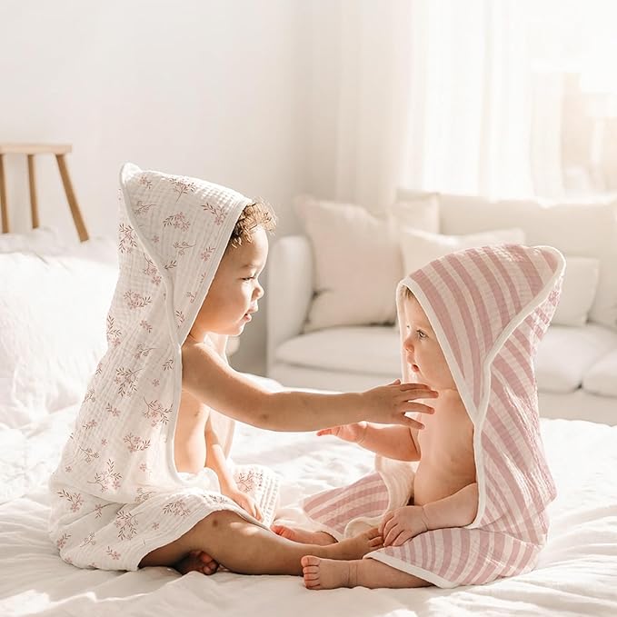 Konssy 2-Pack Muslin Hooded Baby Towels, 100% Cotton, Ultra-Soft & Absorbent Baby Bath Towels with Hood for Newborn & Infant (Taupe,Soft Blooms,32" x 32")