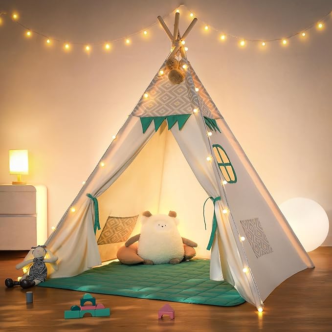 besrey Teepee Tent for Kids with Padded Mat & Light, Kids Tents Indoor Playhouse, Large Tipi Tent, Christmas Play Tent for Toddler Boys Girls, Foldable Portable Toddler Reading Room