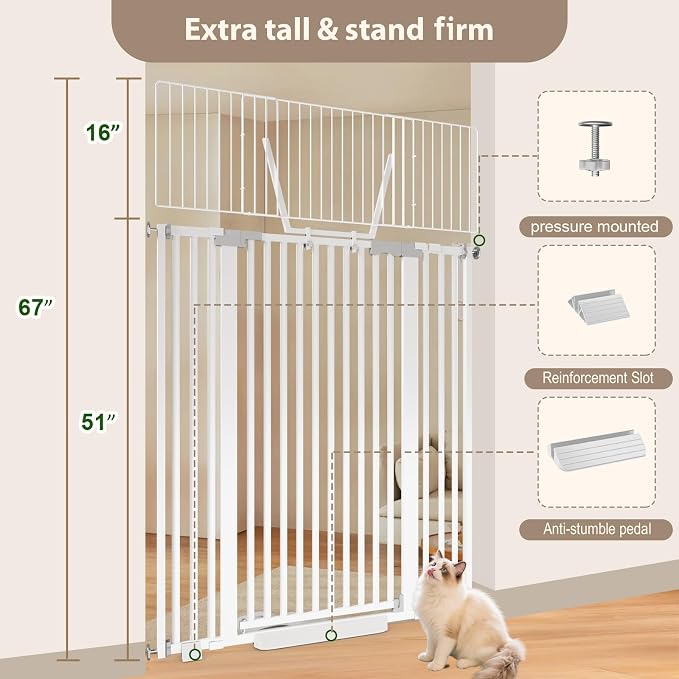 67" High Extra Tall Cat Gate for Doorway, 29.5-49.21" Extra Wide Pet Gate Pressure Mounted Baby Gates for Dogs Pets, Easy Walk Through Cat Proof Gate(White)