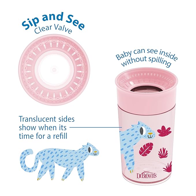 Dr. Brown's Milestones Cheers 360 Spoutless Transition Cup, Travel Friendly and Leak Free Sippy for Babies and Toddlers, Pink Animals, BPA-Free, 10 oz/300 mL, 9m+, 1-Pack