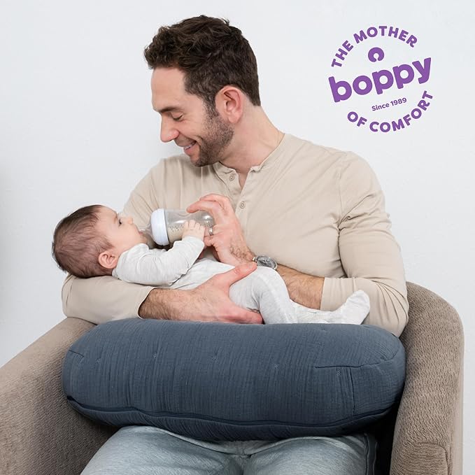 Boppy Nursing Pillow Luxe - Ergonomic Bottle & Breastfeeding Pillow with High Lift & Firm Support - Water-Resistant with Washable Cotton Muslin Cover - Baby Safety Alliance Verified - Slate Blue
