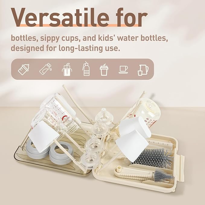 Baby Bottle Brush Set, 6-in-1 Travel Bottle Cleaning Kit with Silicone Bottle Brush, Nipple & Straw Brush, Soap Dispenser, Drying Rack, Storage Box ??Compact Travel Baby Essential for Home & On-The-Go