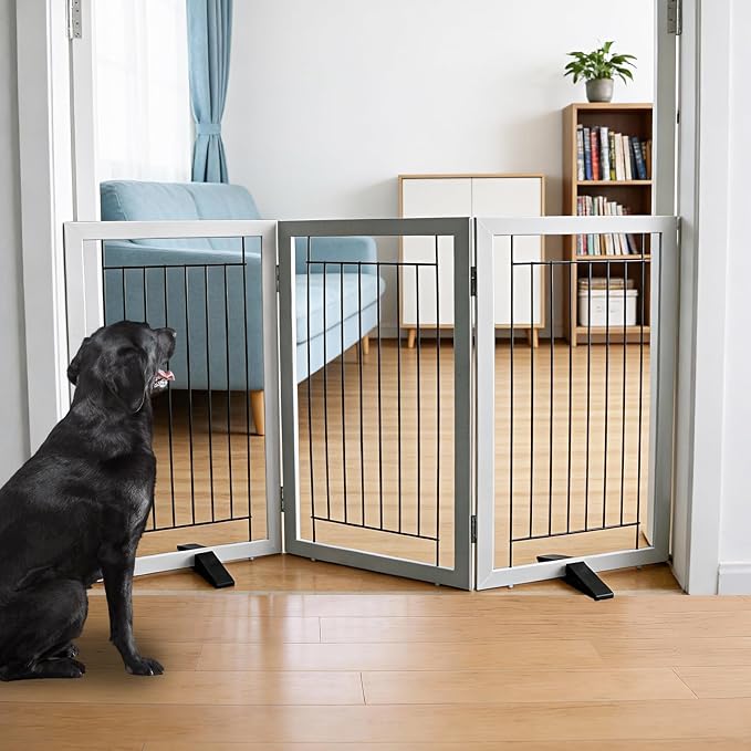 Dog Fence Indoor - 3-Panel Freestanding Dog Gate for Doorways, Hallways, House or Stairs -60x32-Inch Retractable Foldable Expandable Wood Pet by SFJC (Grey)