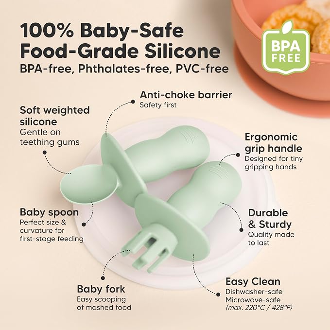 Keababies 4-Pack Silicone Baby Spoons and Forks Set and 2-Pack Baby Bowls with Suctions, Lids - Baby Spoon Self Feeding, BLW Baby Utensils - Silicone Suction Bowls for Baby Boy, Girl