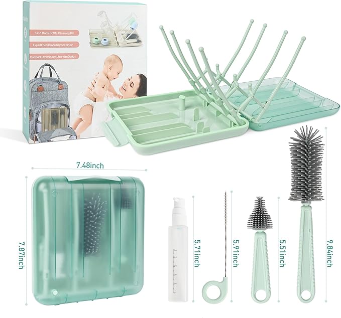 Baby Bottle Brush Set, 6-in-1 Travel Bottle Cleaning Kit with Silicone Bottle Brush, Nipple & Straw Brush, Soap Dispenser, Drying Rack, Storage Box ??Compact Travel Baby Essential for Home & On-The-Go