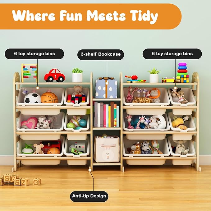 Toy Storage Organizer, 59.6" W White 5-Shelf Bookcase/Bookshelf with 12 Toy Bins, Large Toy Organizers and Storage, Toy Box for Playrooms, Bedrooms Organization
