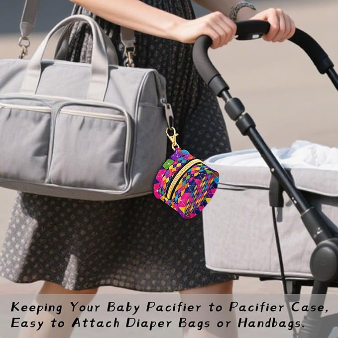 Pacifier Holder with Clip Pacifier Case for Diaper Bag Round Baby Pacifier Pouch Box Bag Portable Bright Colorful Argyle