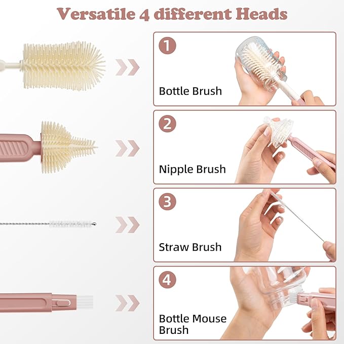 7-in-1 Baby Bottle Brush Set, Silicone Bottle Cleaning Kit with Nipple and Straw Brush, Soap Dispenser, Drying Rack and Travel Organizer, Baby Bottle Cleaning Essentials (Pink-Rabbit)
