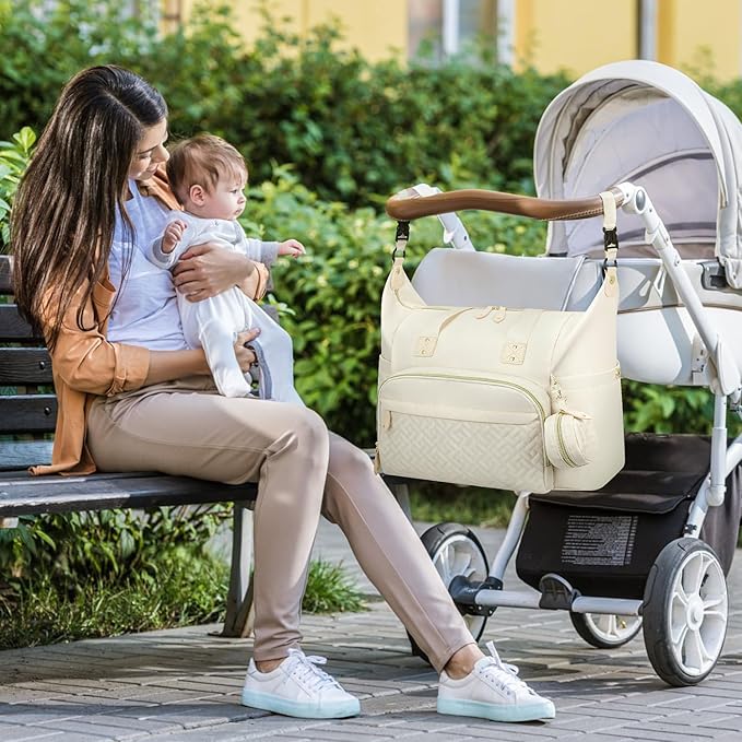 Tenot Diaper Bag Tote with Pacifier Case, Baby Bag for Women with Shoulder Straps, Travel Diaper Tote for for Mom and Dad Beige