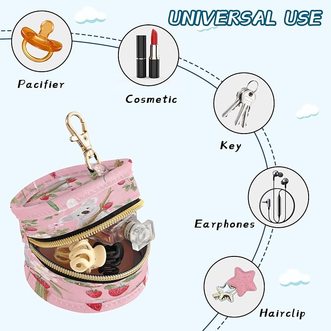 Pacifier Holder with Clip Pacifier Case for Diaper Bag Round Baby Pacifier Pouch Box Bag Portable Pink Koalas Strawberries Flowers Leaves