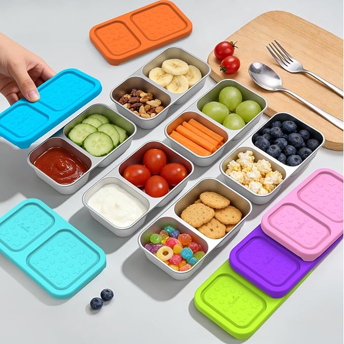 SOPHICO Stainless Steel 2 compartments Containers, Reusable Snack Containers with Silicone Lids Lunch Box for Meal Prep Food Storage On-the-Go Snacking(6 pack)