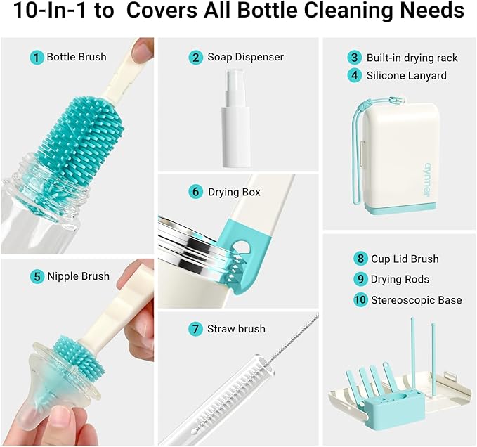 Aynmer Baby Bottle Brush Cleaner Set - 10 In 1 Travel Bottle Cleaning Brush Kit with Silicone Bottle Brush, Nipple Brush, Soap Dispenser, Portable Drying Rack, Breast Pump & Bottle Cleaning Kit -Green