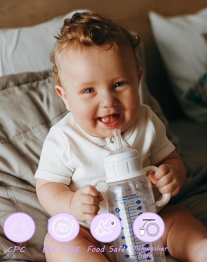 Straw Cup Conversion Kit for Dr Brown Narrow and Narrow Glass Baby Bottles, Weighted Straw Replacement with Soft Straw Top and Handle, for Babies 6+ Months, Set of 4