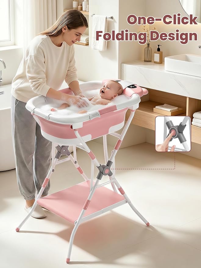 Baby Bathtub with Stand, Foldable Metal Standing Baby Bath Tub, 3-in-1 Anti-Slip Collapsible Tub with Cushion Storage Pad, Elevated Design for Newborn Toddler, Pink