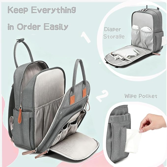 LORADI 18 Pockets Large Diaper Bag Backpack with Insulated Pockets and Stroller Clips, Baby Shower Gifts (Grey, Large)