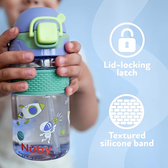 Nuby Thirsty Kids Flip-It Bolt Toddler Cup with Push-Button Locking Flip-Top and Silicone Spout - 12 oz - Easy-Grip and Spill-Resistant - 18+ Months - Space