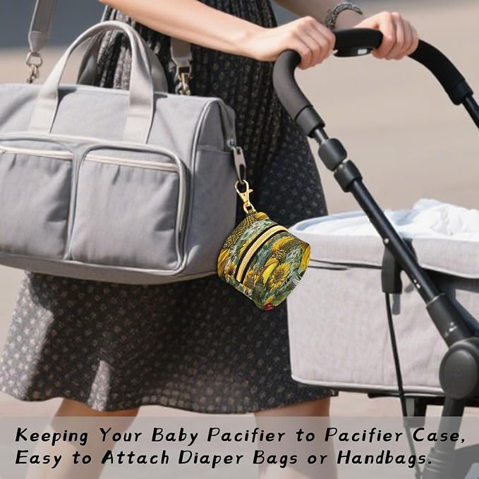 Pacifier Holder with Clip Pacifier Case for Diaper Bag Round Baby Pacifier Pouch Box Bag Portable Bees Sunflowers Leaves Green