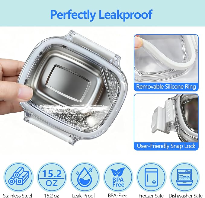 Stainless Steel Small Container with Lid - 3 Piece 15.2oz Reusable Stainless Steel Snack Containers, Leakproof Freezer Safe Metal Bento Box Fit for Portioning Snacks, Dips, and Salad