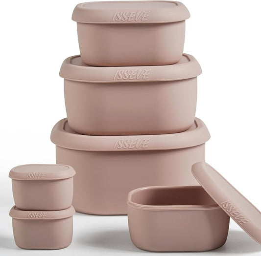 ISSEVE 6Pcs/Set Nesting Silicone Food Storage Containers with Lids, BPA Free Reusable Meal Prep Silicone Containers Lunch Box Bento Box Set (33.8oz, 20oz, 10oz, 6.7oz, 1.3oz) (Pink)