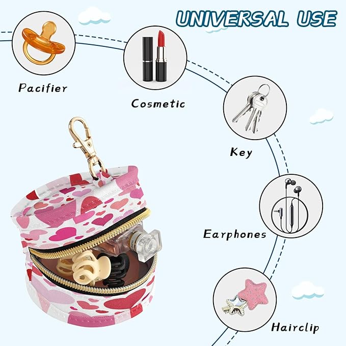Pacifier Holder with Clip Pacifier Case for Diaper Bag Round Baby Pacifier Pouch Box Bag Portable White Pink Love Valentine