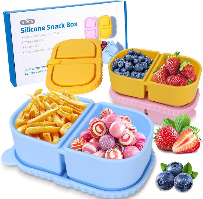 3 Pack Reusable Silicone Snack Containers with Lids, Mini Containers 2 Compartments, Portable Silicone Food Storage Box for Picnic, School lunch, adults Offic, party