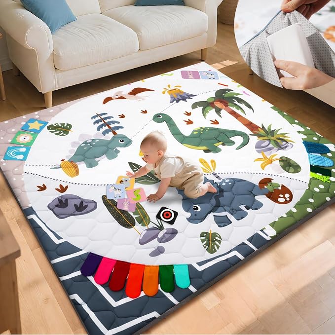 TINYHARBO Premium Foam Baby Play Mat 71x59, 4 Developmental Zones Play Mat with Removable & Machine Washable Cover, Extra Thick Padding Playpen Mat, Easy to Clean for Infants, Toddlers & Babies