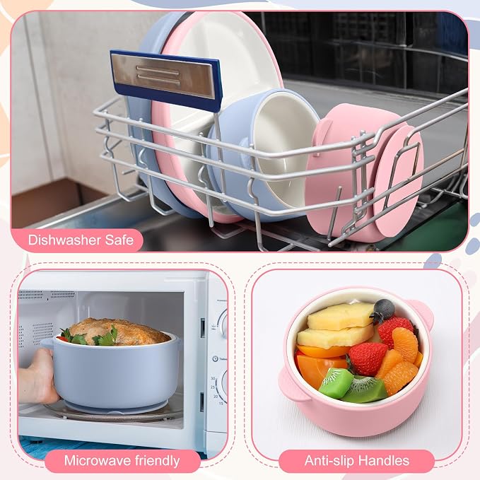Domensi 4 Pcs Porcelain Kids Plates and Bowls Sets with Suction, 2 Ceramic Toddler Divided Plates 2 Baby Anti Slip Silicone Sleeve Bowls for Feeding Supplies Microwave Dishwasher Safe (Blue,Pink)