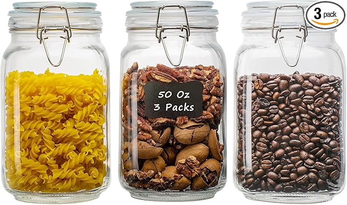 50oz Square Glass Food Storage Jars with Airtight Clamp Lids, 3 Pack Large Kitchen Canisters for Flour, Cereal, Coffee, Pasta and Canning, Mason Jar (Clear 50oz Square - 3 sets)
