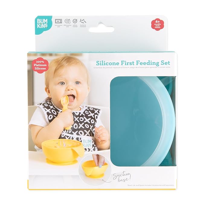 Bumkins Silicone Baby Feeding Set with Suction, Includes Spoon and Lid, Essential for Baby Led Weaning, Blue