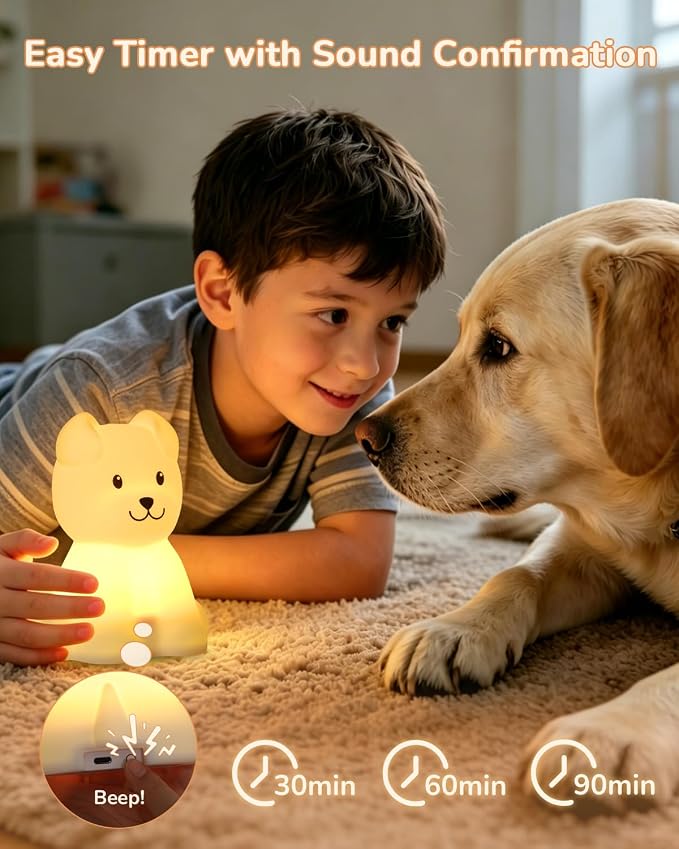 Night Light for Kids, LED Puppy Squishy Animal Lamp for Baby, Soft Silicone Dimmable Bedside Touch Light with Timer, Battery Rechargeable Nightlight Boys Gifts Toddler Room Decor