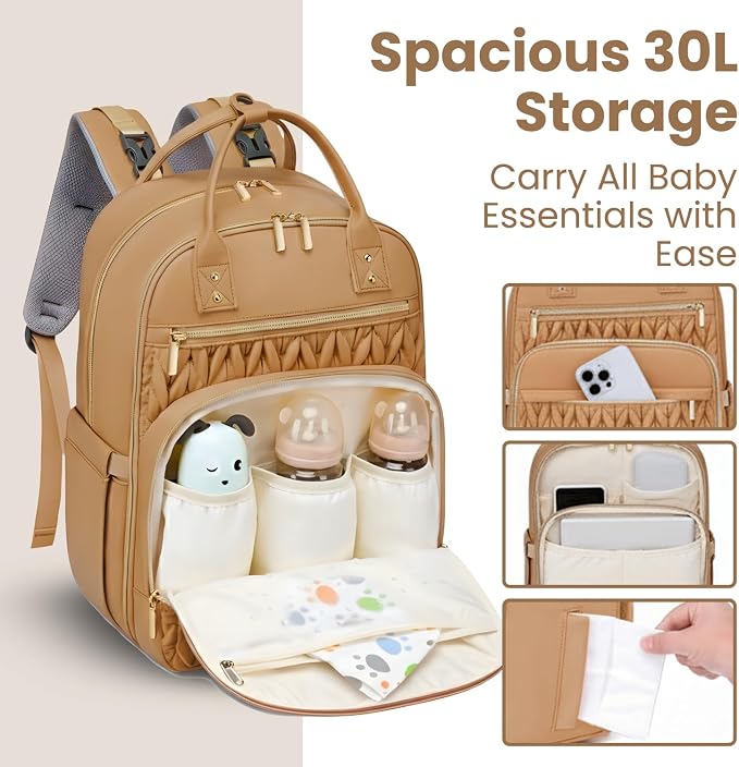 Jubily Diaper Bag Backpack, 30L Travel Backpack for Women, Waterproof Bag with 5 Compartments, 20 Pockets, Laptop & iPad Slots, Portable Changing Pad, Baby Essentials Organizer