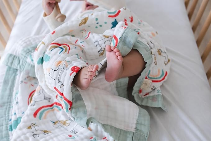 100% Cotton Muslin Baby Blanket | Soft & Breathable 6-Layer Swaddle & Receiving Blanket | Lightweight Quilt for Newborns, Infants & Toddlers - Unicorn & Rainbows - Sage Trim