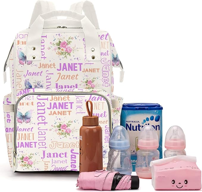 Custom Diaper Bag with Name Personalized Multifunctional Mommy Backpack for Daughter Granddaughter, White Daypack Bag for Travel