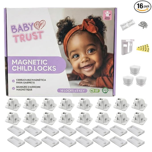 BabyTrust 16 Locks & 3 Keys Baby Proofing Magnetic Cabinet Locks | No Drill, Renter Friendly, Stronger Adhesive and Magnetric Strength, Child Safety Locks for Kitchen Cabinets & Drawers
