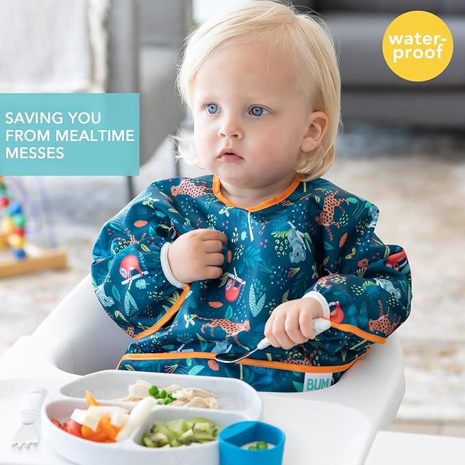 Bumkins Sleeved Bib for Girl or Boy, Baby and Toddler for 6-24 Mos, Essential Must Have for Eating, Feeding, Baby Led Weaning Supplies, Long Sleeve Mess Saving Food Catcher, Soft Fabric, Jungle