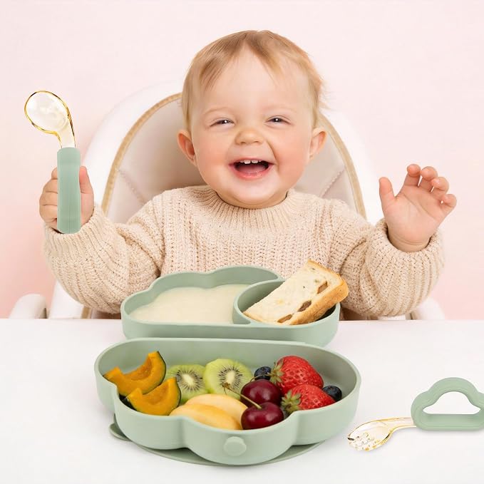 Bebamour Cloud Petal Suction Plate Set Divided Baby Silicone Utensils Tableware Set with Spoons and Forks (Green)