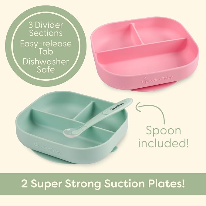 UpwardBaby Baby Plates and Spoon Set - Silicone Divider Suction Plates for Babies, Toddlers & Kids - Less Mess, Easy Portion Feeding Set - Non-Slip, Non-Toxic, BPA Free - Blue/Yellow