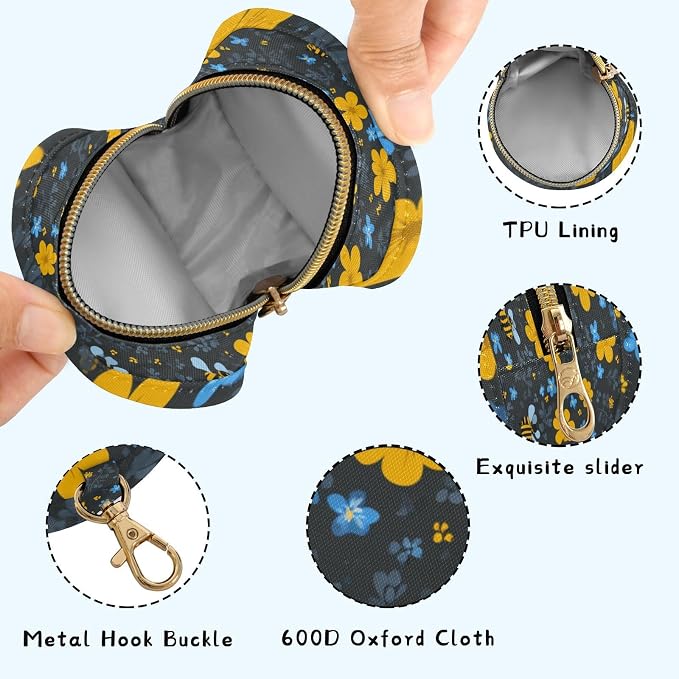 Pacifier Holder with Clip Pacifier Case for Diaper Bag Round Baby Pacifier Pouch Box Bag Portable Blue Floral Fragments and Bees