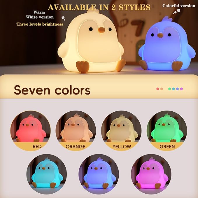 Cute Penguin Night Light, LED Squishy Night Lamp, 7 Colors Dimmable Timer Nursery Nightlight, Rechargeable Touch Lamp, Dorm Decor, Funny Gifts(Penguin)