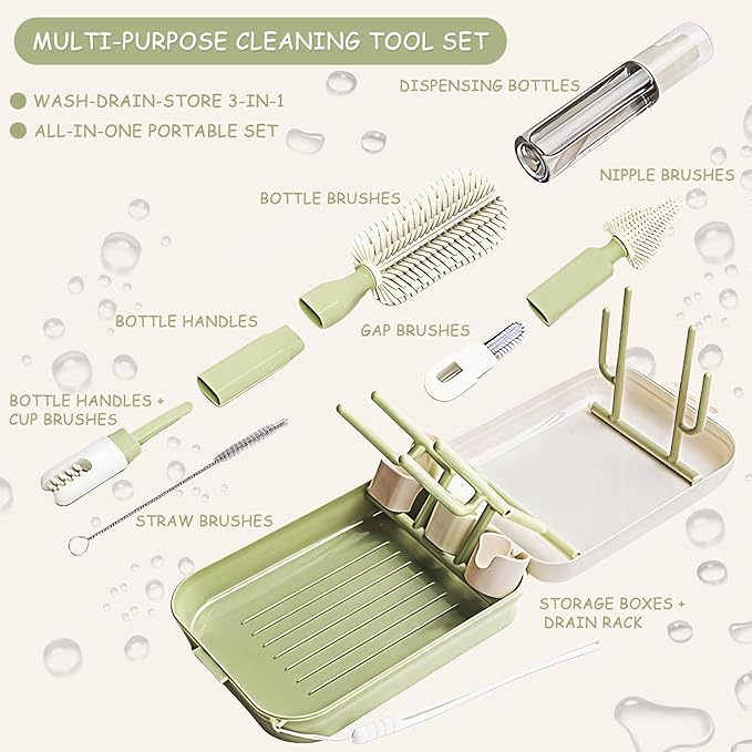 7-in-1 Travel Baby Bottle Brush Set, Silicone Cleaning Kit with Nipple & Straw Brush, Portable Storage Box -Baby Essentials for Home&Travel