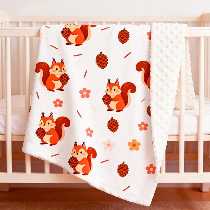 Squirrel Minky Baby Blanket for Boys Girls, 29.5'' x 39.3'' Soft Plush Receiving Blankets with Double Layer Dotted Backing for Newborn Toddler Nursery Crib Stroller Car Seat