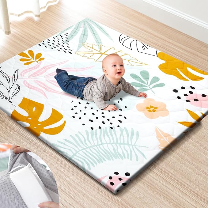 TINYHARBO Premium Foam Baby Play Mat 47x47 ??Removable & Machine Washable Cover, Extra Thick Padding Playpen Mat, Non-Slip Crawling Mat, Easy to Clean for Infants, Toddlers & Babies