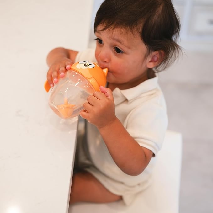 The First Years Bingo Weighted Straw Cup - Spill Proof Toddler Straw Cups with Flip Top Cover - Bluey Cups for Everyday Sipping - Toddler Feeding Supplies - 7 Ounce - Ages 6 Months and Up
