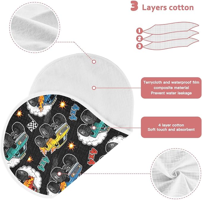 4 Pack Muslin Burp Cloths Monster Truck Black Print Cotton Baby Burp Cloths Absorbent Soft Burping Cloth Washcloths for Newborn Babies 22x11 Inch