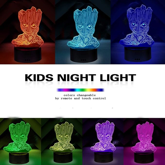 Groot 3D Night Light,Kids 7 Color Touching Decor Table Light,Optical Illusion 7 Colors Changing Xmas Birthday Gifts for Baby Amazing Light (A 7Color Without RF)