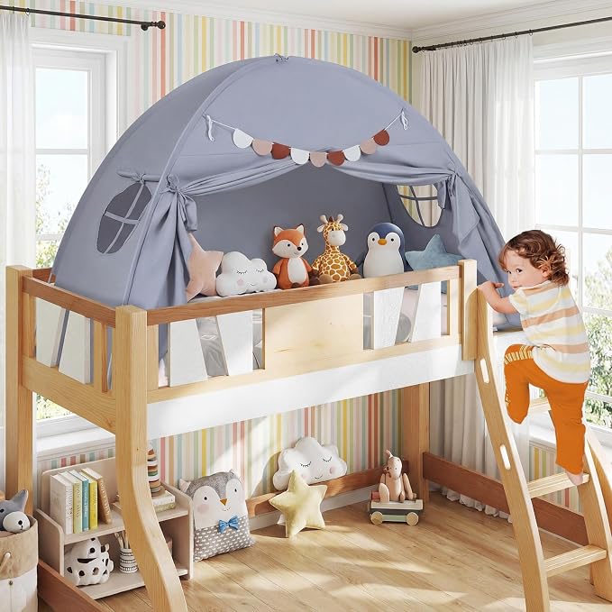 HONEY JOY Bed Tent Twin for Kids, Foldable Play Tent Canopy w/Flags, Windows, Indoor Outdoor Playhouse Toddler Tent, 79” x 39” x 48”, Washable, Kids Tent for Boys Girls Aged 3+, Birthday (Gray)