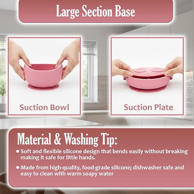 Baby Feeding Set, Silicone Baby Feeding Set with Suction Bowls, Divided Plates, Adjustable Bib, Baby Utensils Spoons, Forks & Cup Complete Baby Eating & Weaning Essentials (Pink)