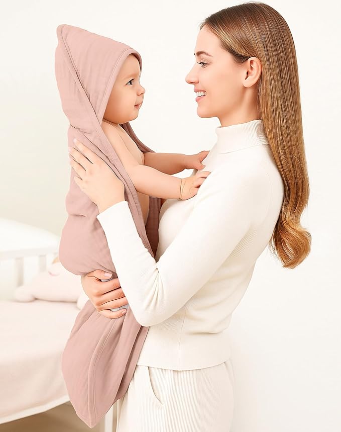 Hooded Baby Towels 2 Pack, Muslin Baby Bath Towels with Hood for Newborn Infant and Toddler, Soft Breathable & Absorbent, 32" x 32" (Petal - Leaf, Heavyweight)