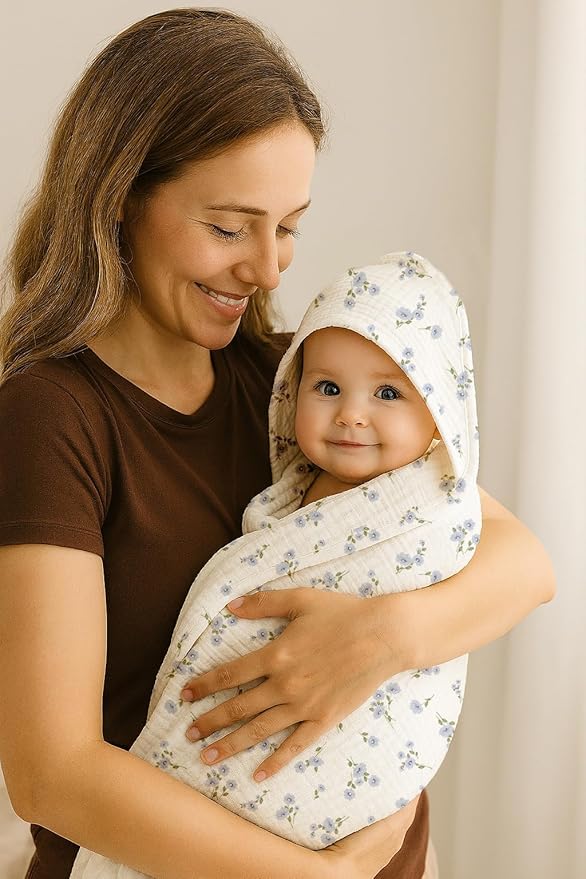 Hooded Baby Towels 2 Pack, Muslin Baby Bath Towels with Hood for Newborn Infant and Toddler, Soft Breathable & Absorbent, 32" x 32" (Fern Leaf & Sage, Lightweight)